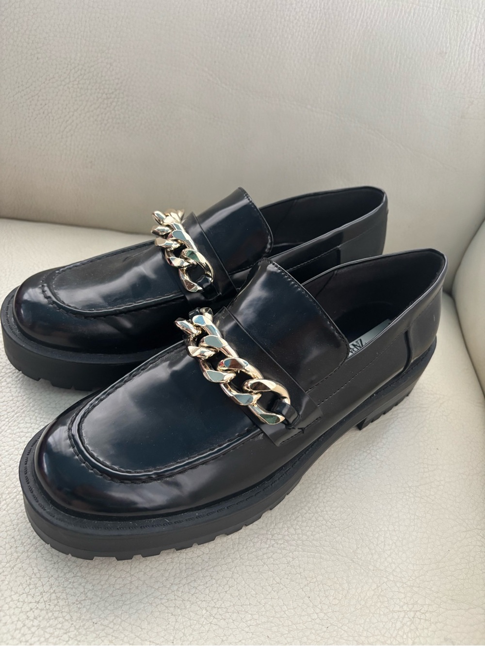 Zara Black Patent Loafers with Gold Chain